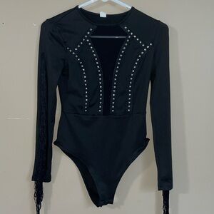 Cowgirl Studded Black Long-Sleeve Bodysuit with Fringe size XS